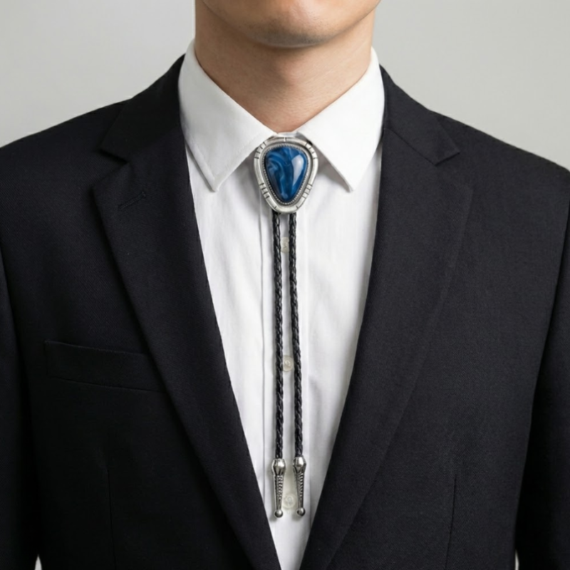 Person wearing a black suit with a white shirt and a decorative bolo tie against a gray background