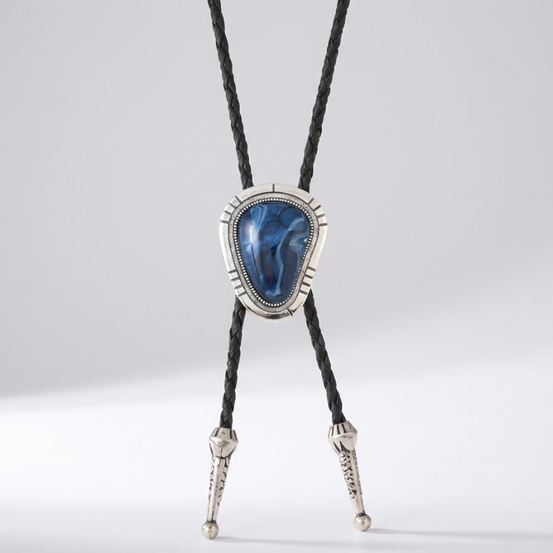Bolo tie with blue stone and silver accents on a gray background