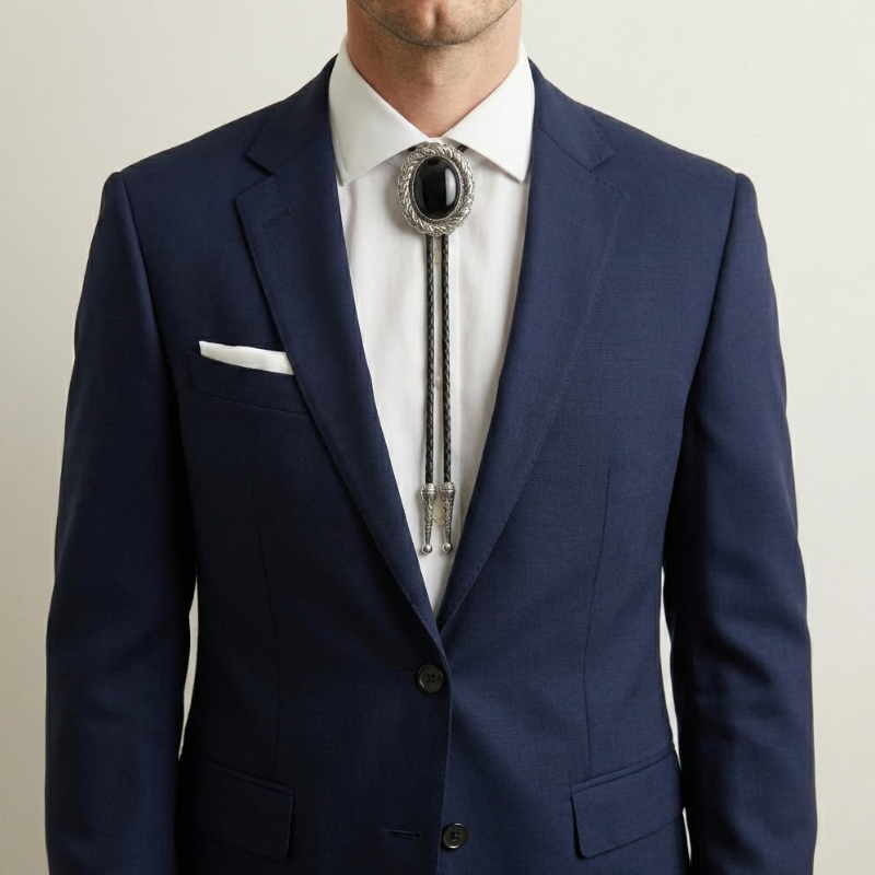 Man wearing a navy suit with a white shirt and a decorative bolo tie against a neutral background
