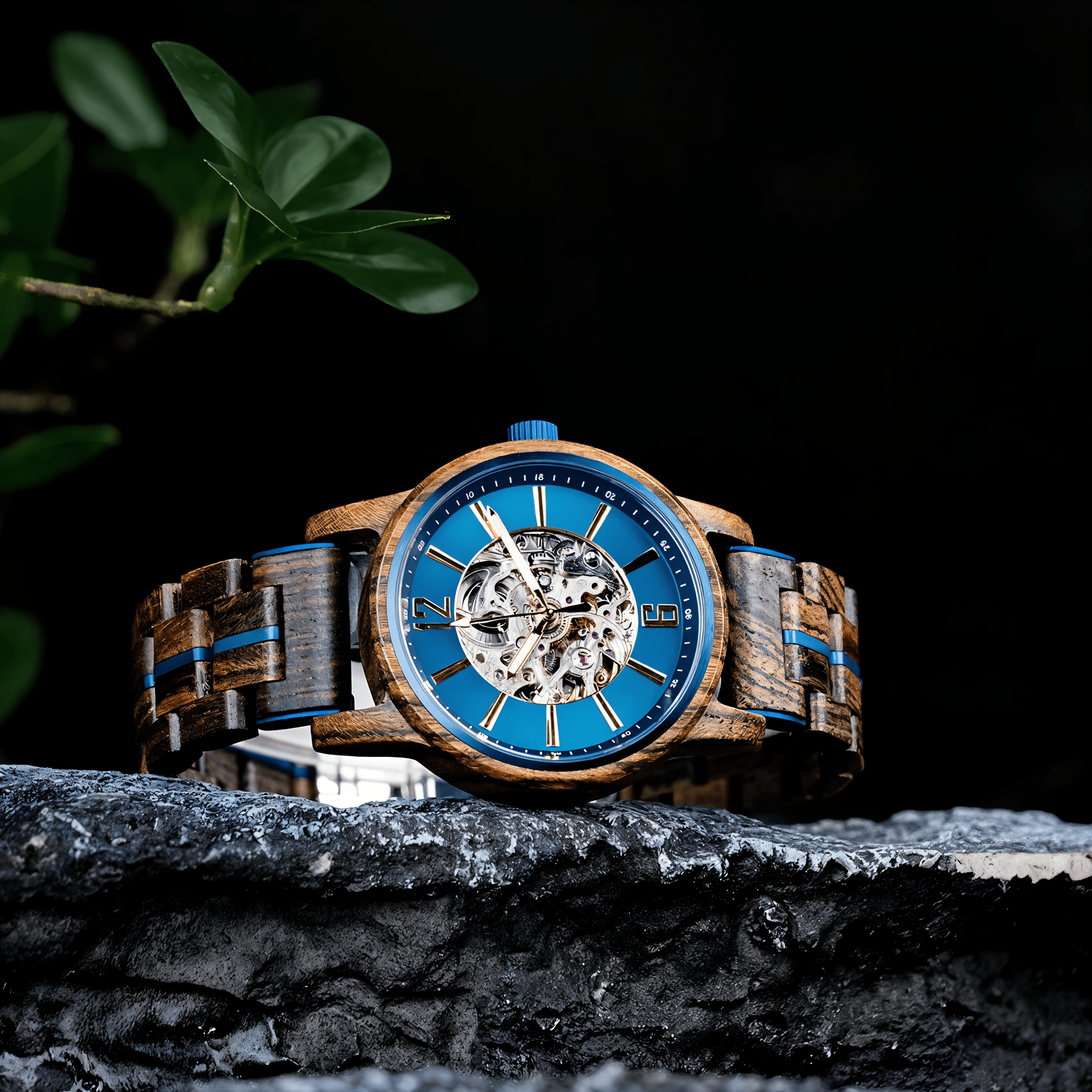 Cascadia Blue men's wooden watch with stainless steel accents, featuring a blue dial and skeleton movement, lying flat on a dark, rocky surface with green foliage in the background.