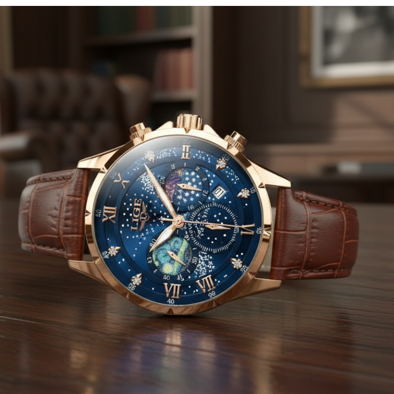 Low-angle close-up of Celestial Timekeeper men's watch featuring a rose gold stainless steel case, blue chronograph dial with moon phase, and brown leather strap, on a wooden surface.