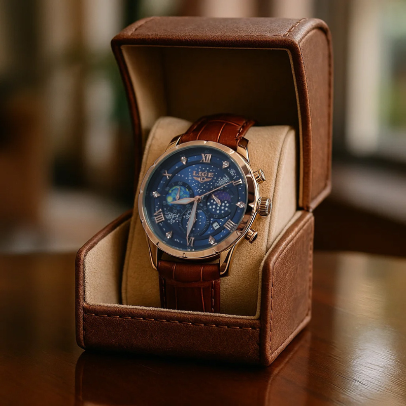 Celestial Timekeeper men's watch with a blue dial, rose gold-tone stainless steel case, brown crocodile-embossed leather strap, chronograph function, moon phase display, presented in an open brown leather watch box.