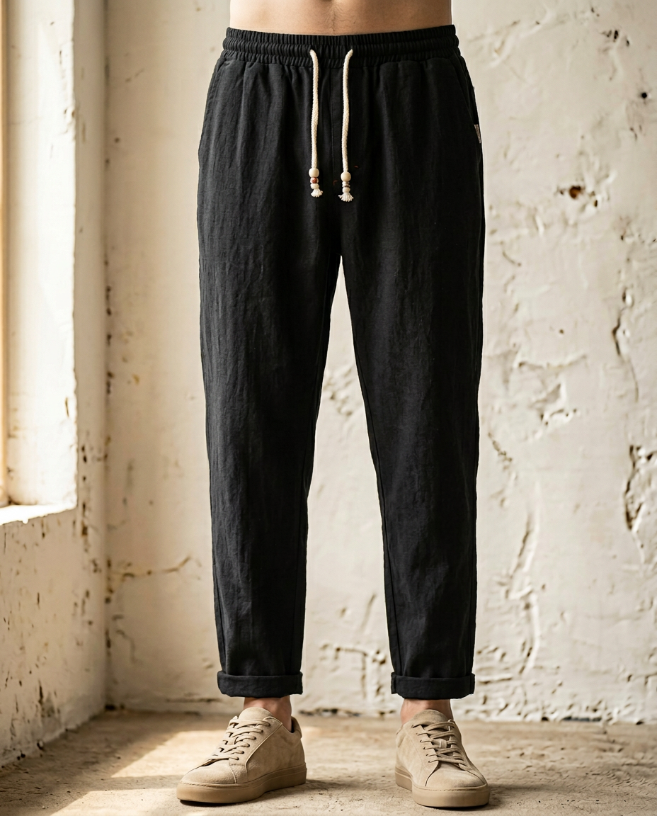 Men's Coastal Breeze black linen trousers with a tailored fit, drawstring waist, and rolled cuffs, paired with light brown sneakers.