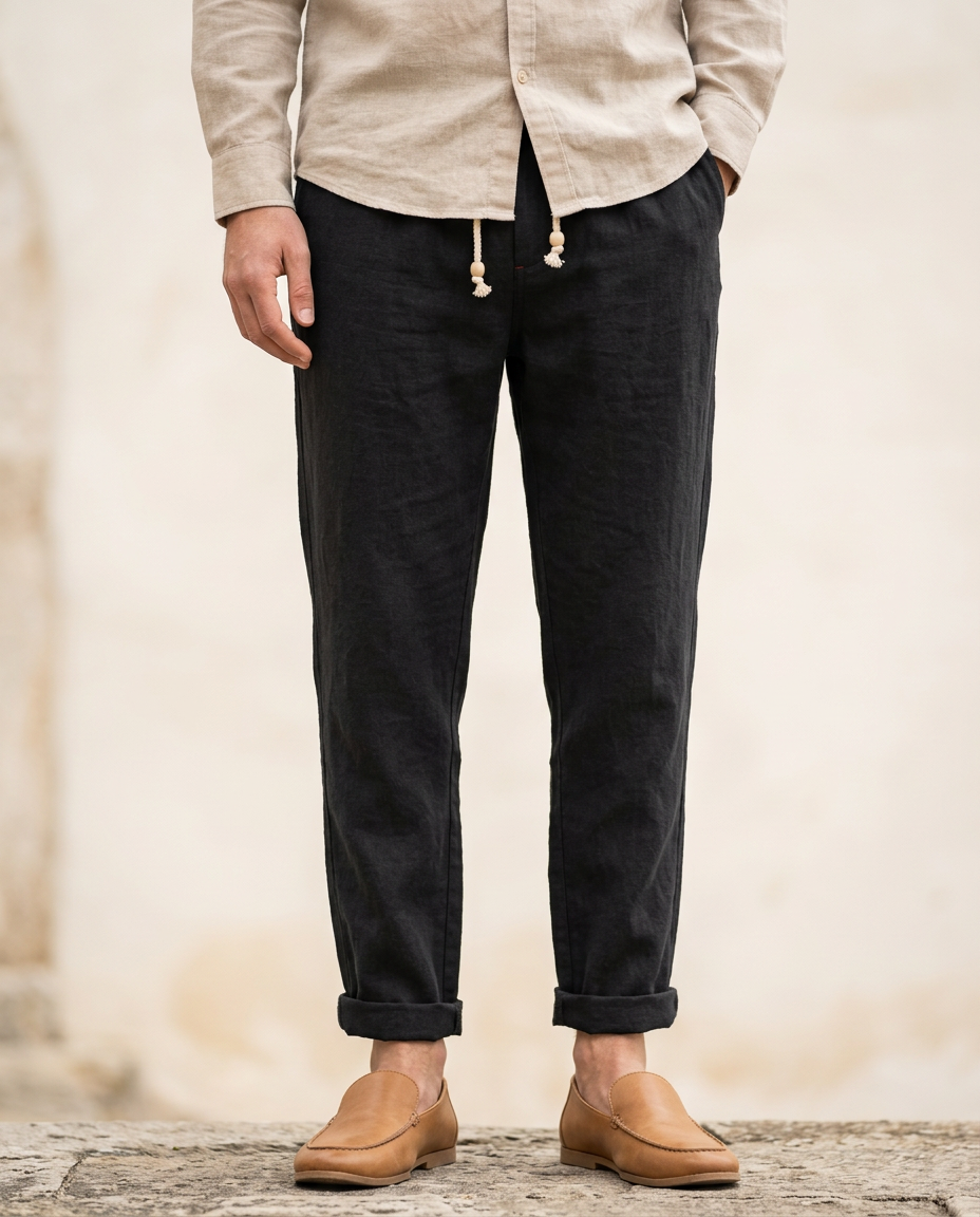 Men's Coastal Breeze Trousers in black linen, featuring a drawstring waist and cuffed ankles, styled with a light linen shirt and brown loafers.