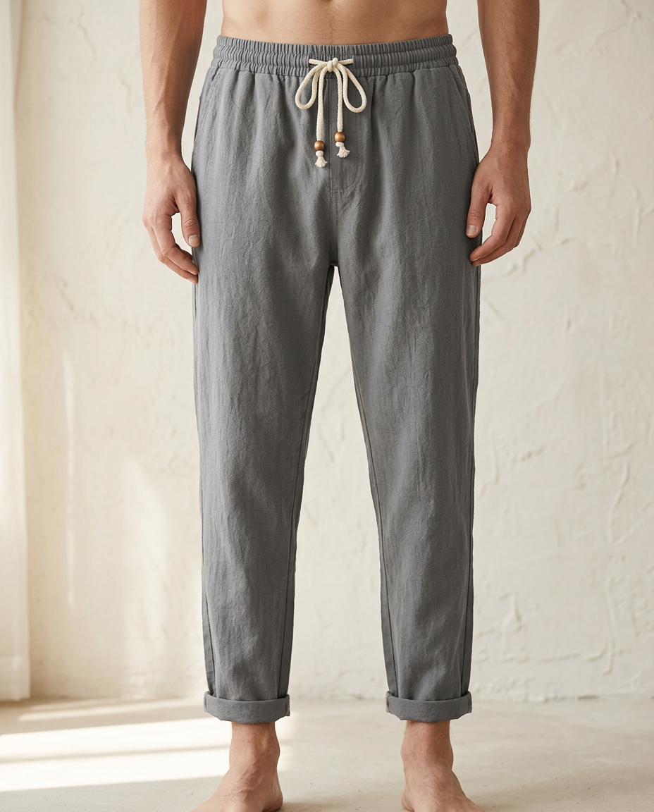 Men's Coastal Breeze Trousers in dark gray linen, featuring a comfortable drawstring waist and stylish rolled cuffs, modeled barefoot.