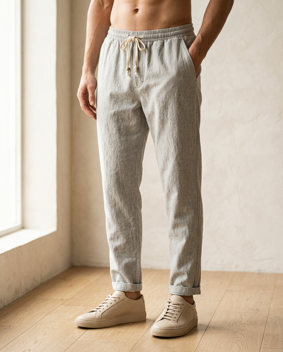 Side view of men's Coastal Breeze Trousers in light gray linen, featuring a drawstring waist and cuffed ankles, paired with light brown sneakers.