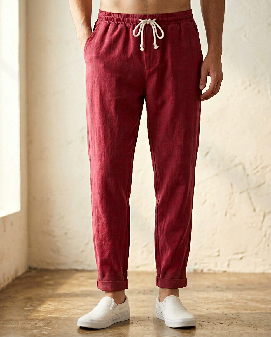 Men's Coastal Breeze Trousers in red linen, featuring a drawstring waist and rolled cuffs, paired with white slip-on shoes.