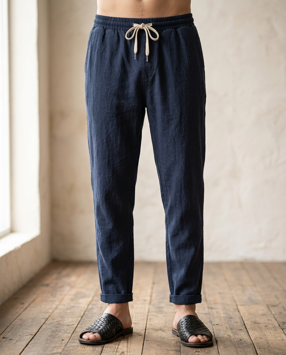 Men's Coastal Breeze navy linen trousers with a tailored fit, drawstring waist, and rolled cuffs, paired with black woven sandals on a wooden floor.