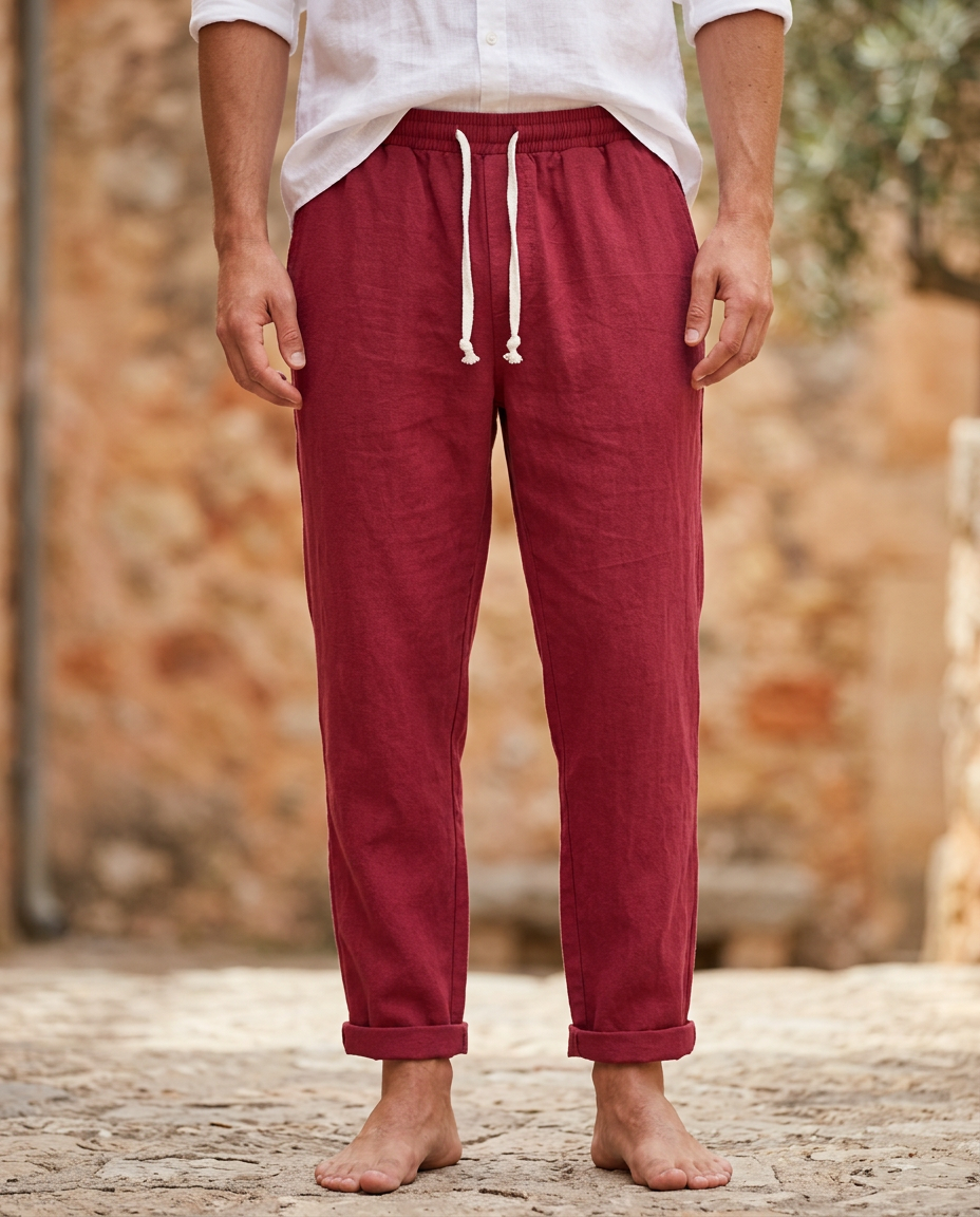 Men's Coastal Breeze red linen trousers with a tailored fit, drawstring waist, and rolled cuffs, styled with a white shirt and barefoot on a cobblestone street.