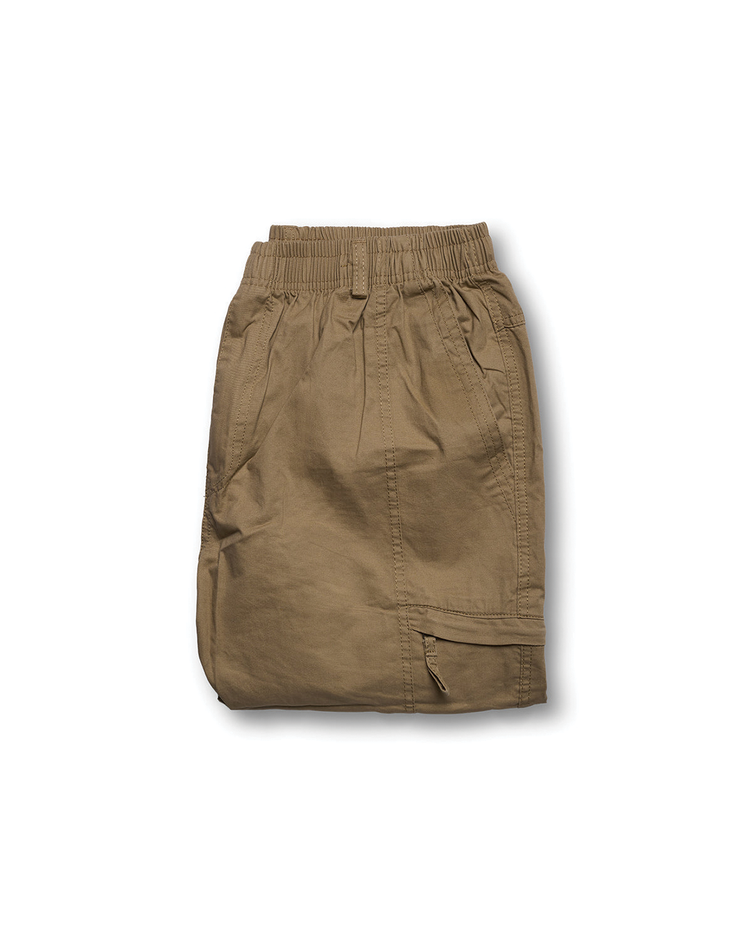 Khaki Coastal Retreat cotton cargo pants with utility pockets, folded neatly on a white background, showing the front view.