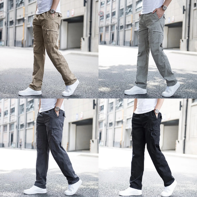 Four panels showing a male model wearing Coastal Retreat Cotton Cargo Pants with Utility Pockets in different colors: khaki, light gray, dark gray, and black. The model is walking on an urban street, showcasing the relaxed fit and versatile style of the trousers.