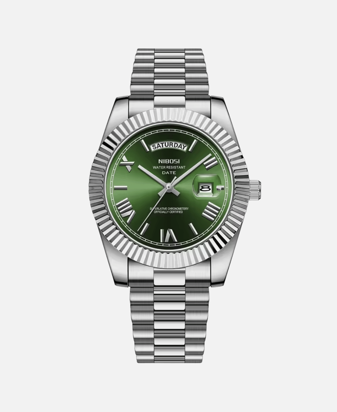 Dateday Classic Watch with stainless steel case, green dial, and silver metal strap. Features day and date display.