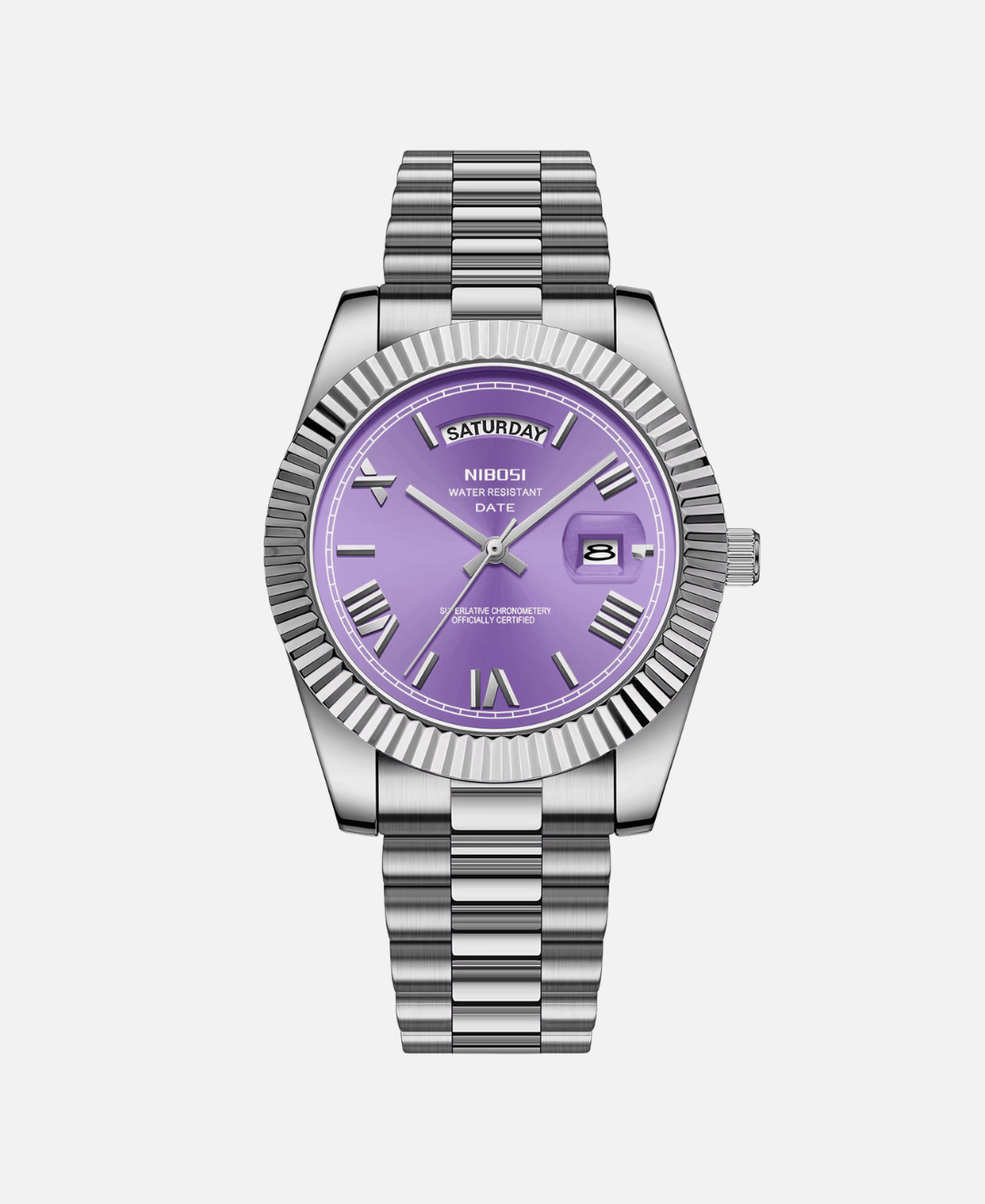 Dateday Classic Watch with stainless steel case, purple dial, and silver metal strap. Features day and date display.