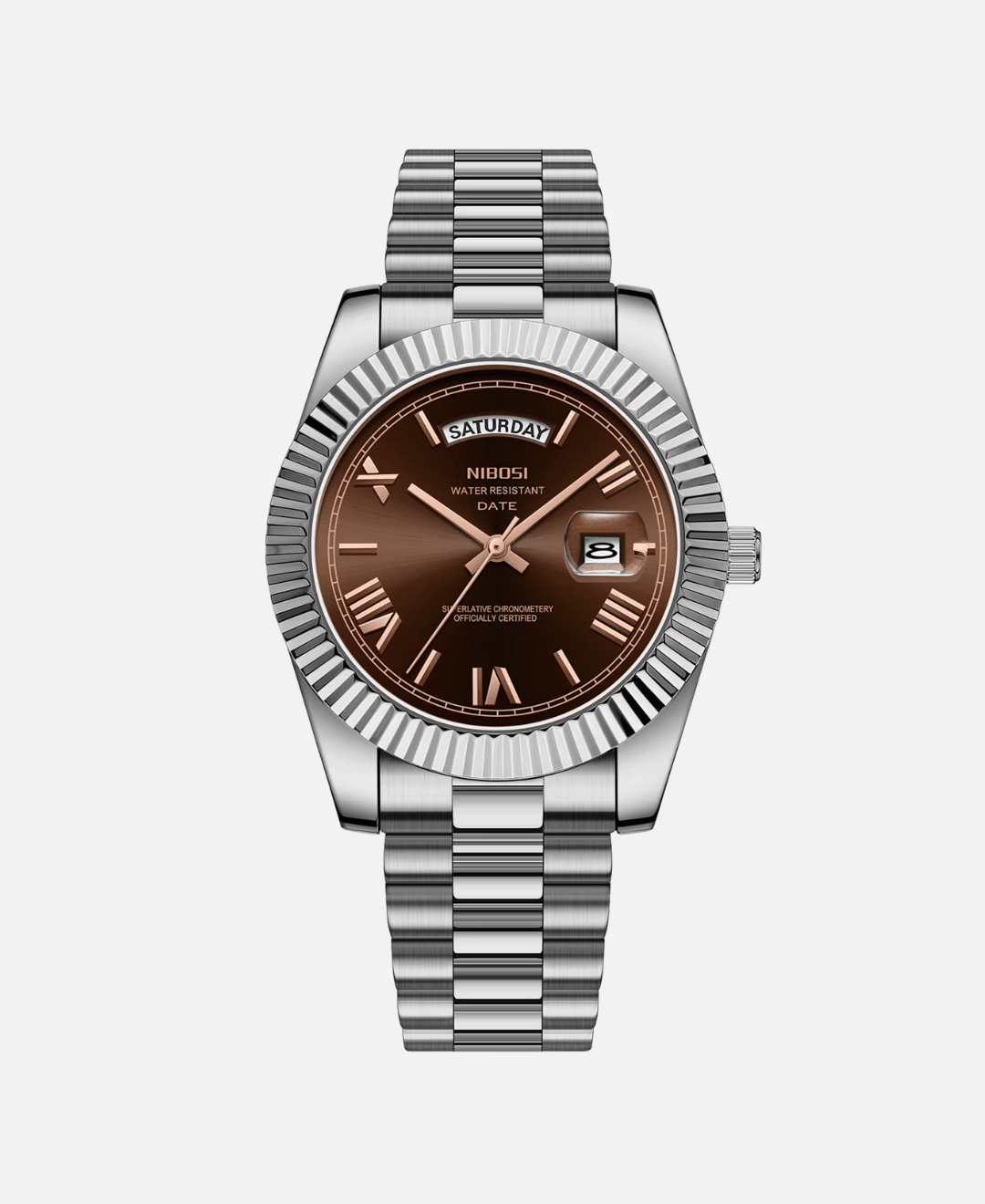 Dateday Classic Watch with silver stainless steel case, brown dial, and silver metal strap. Features day and date display, Roman numerals, and fluted bezel.