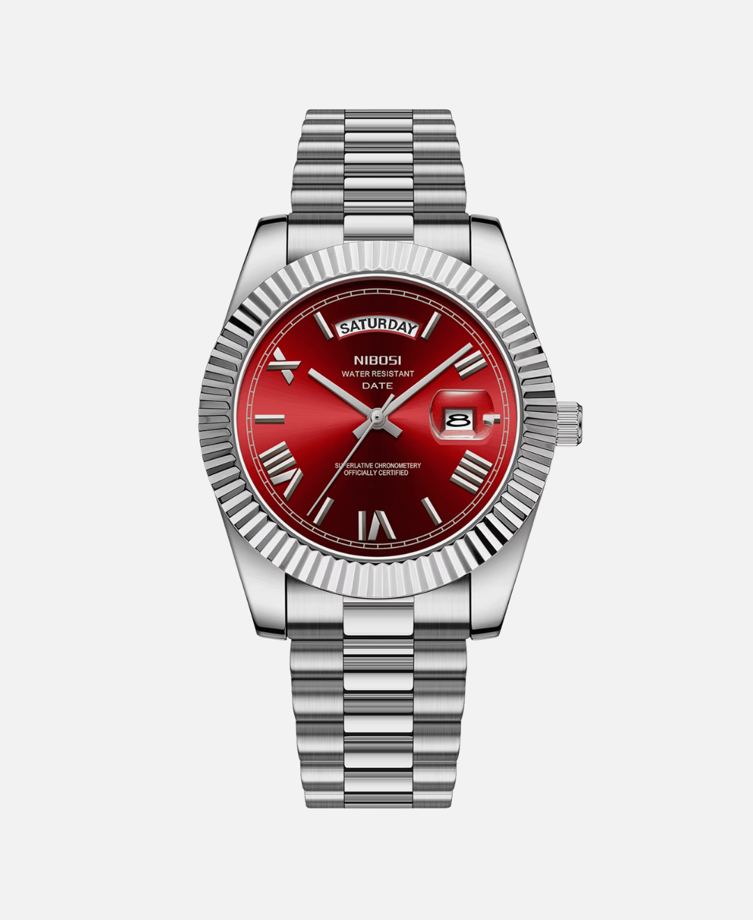 Dateday Classic Watch with silver-tone stainless steel case, fluted bezel, red dial, Roman numerals, day and date display, and a matching metal bracelet.