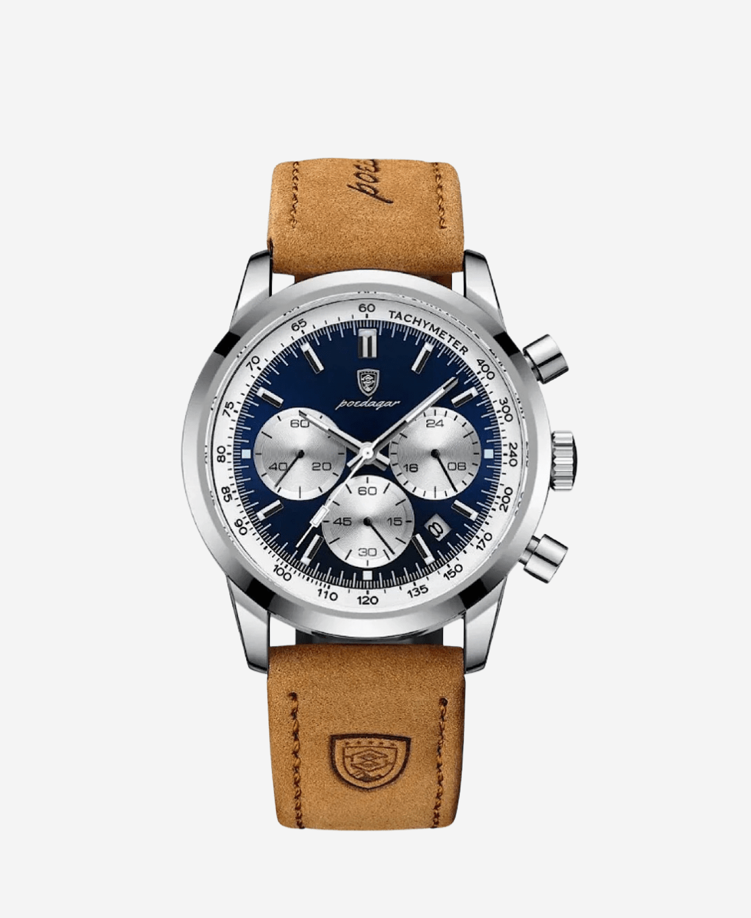 A close-up view of the Eclipse Smartwatch featuring a deep blue dial, silver stainless steel case, and a brown genuine leather strap. The watch includes three chronograph subdials, a date window, and a tachymeter scale.