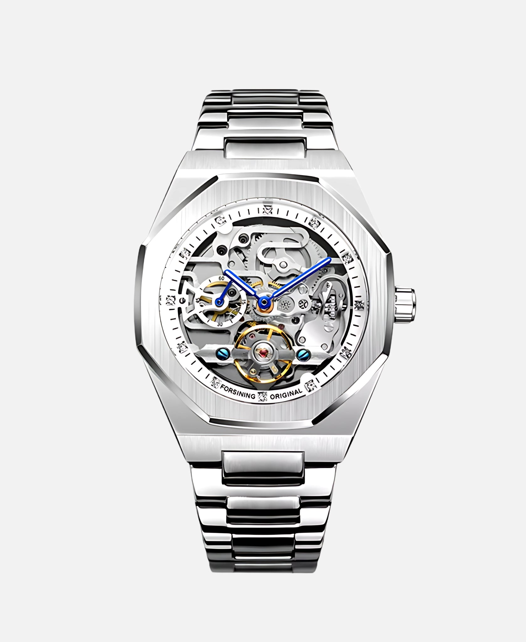 Full view of the Eidolon Skeleton Art Sculpture in a silver finish, with a polished base, displaying its visible gears and contemporary mechanical movement.