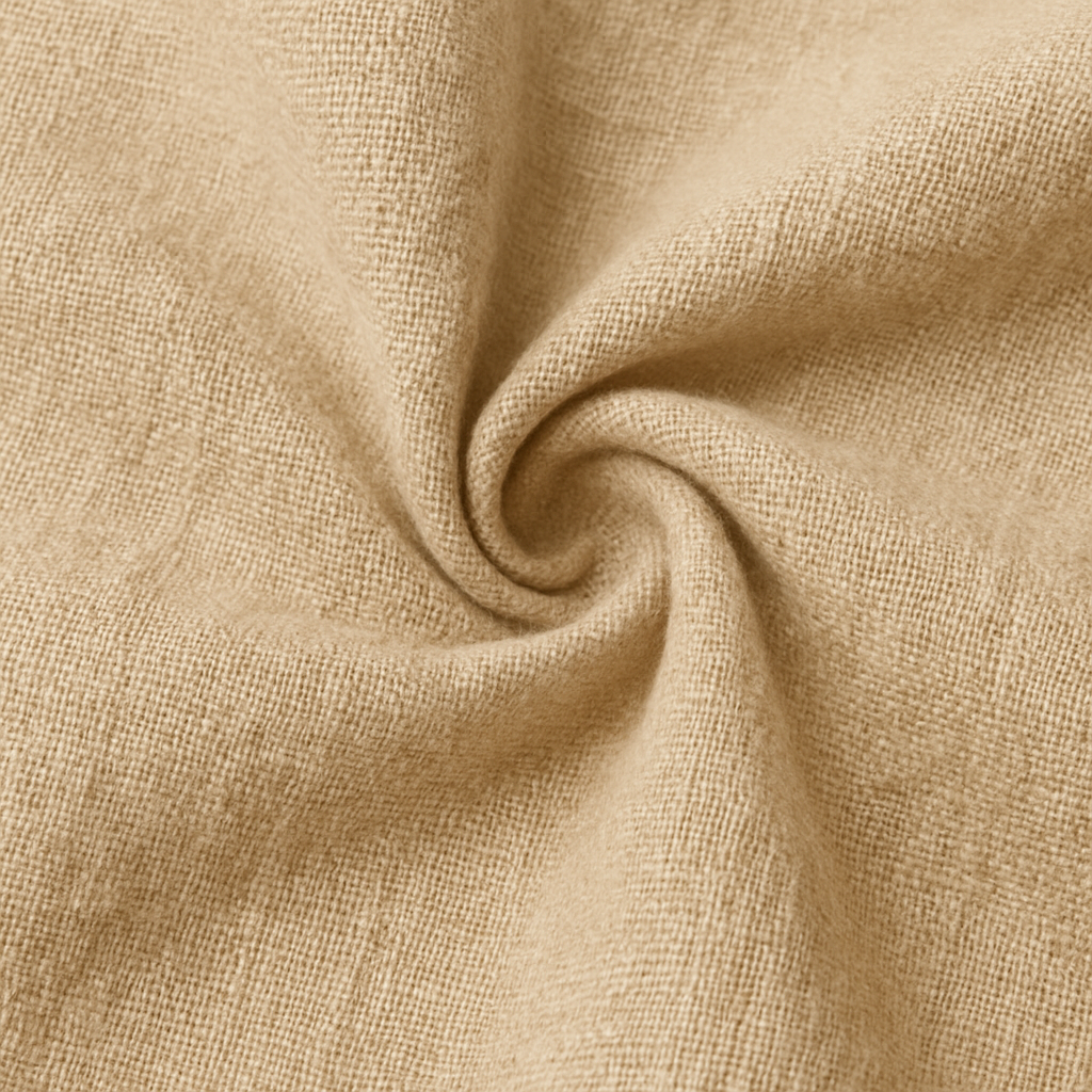 Detailed close-up of khaki linen fabric, showcasing its natural texture and soft, breathable weave in a gentle swirl, perfect for Elysian Breeze Trousers.