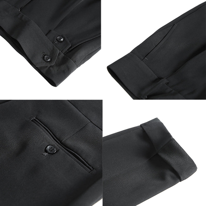 Close-up details of Elysian men's high-waisted slim-fit trousers in black premium fabric, showing the waist button closure, side pocket, and cuffed hem.