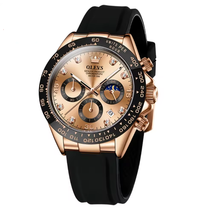 Elysium Timepiece men's watch featuring a rose gold dial, gold-tone case, black bezel, and black silicone strap, presented on a clean white background.