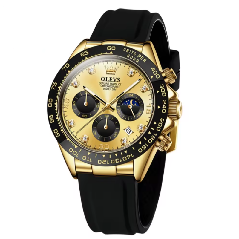 Close-up of the Elysium Timepiece men's watch with quartz movement and luminous hands, featuring a gold case, gold dial with diamond markers, and a black silicone strap.