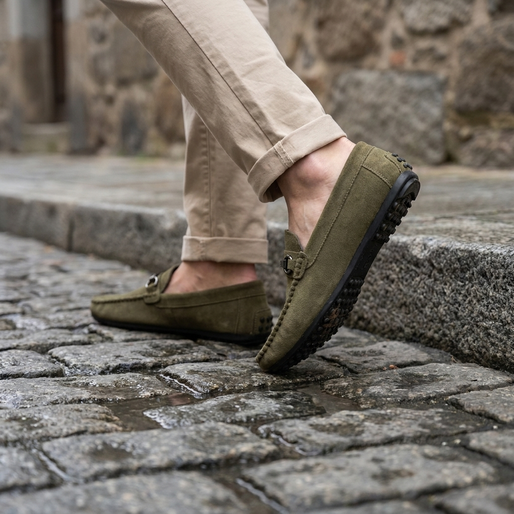 Close-up front detail of black bucket loafer showing metallic buckle, open toe, and foam rubber sole