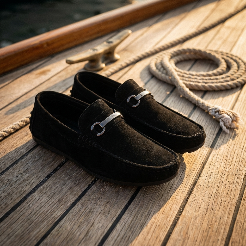 Black bucket loafer lifestyle scene on cafe terrace showing worn look and open toe for summer casual wear
