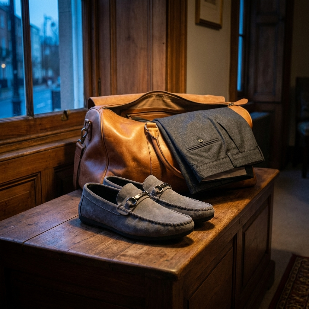Close-up lifestyle shot of black bucket loafer on hotel luggage bench in casual indoor setting