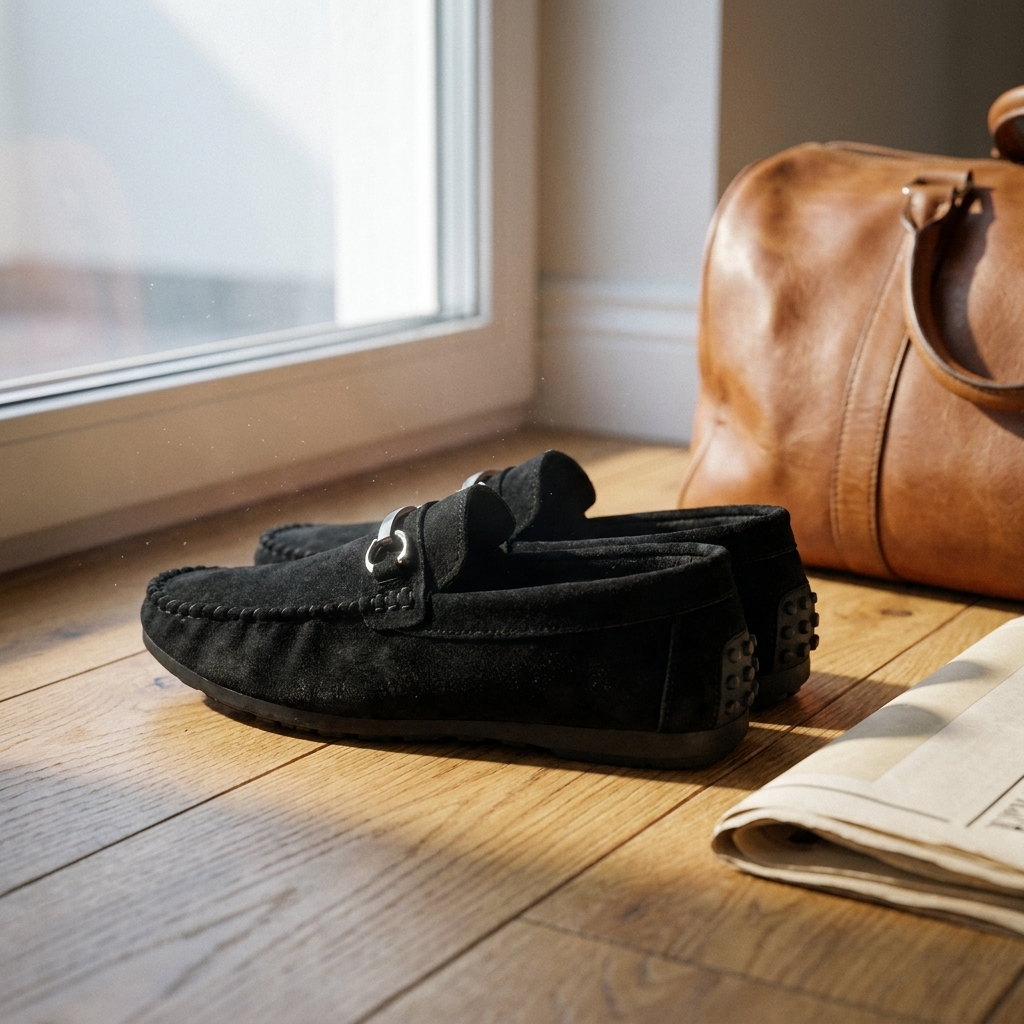 Black bucket loafer lifestyle image on hotel luggage bench in casual indoor setting with open toe visible