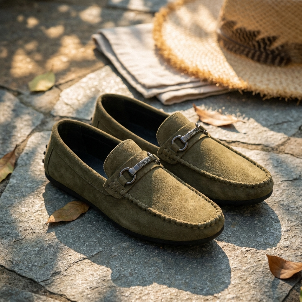 Black bucket loafer lifestyle shot on oak floor near window with natural light highlighting open toe