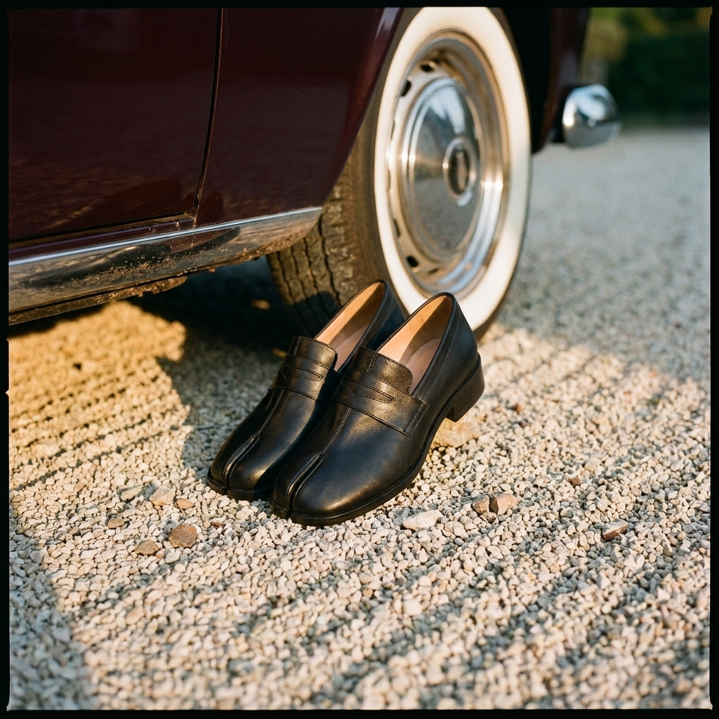 Glossy microfiber square toe low heel slip-on loafer shoes front three-quarter angle in black glossy with split toe design near gravel and vintage car