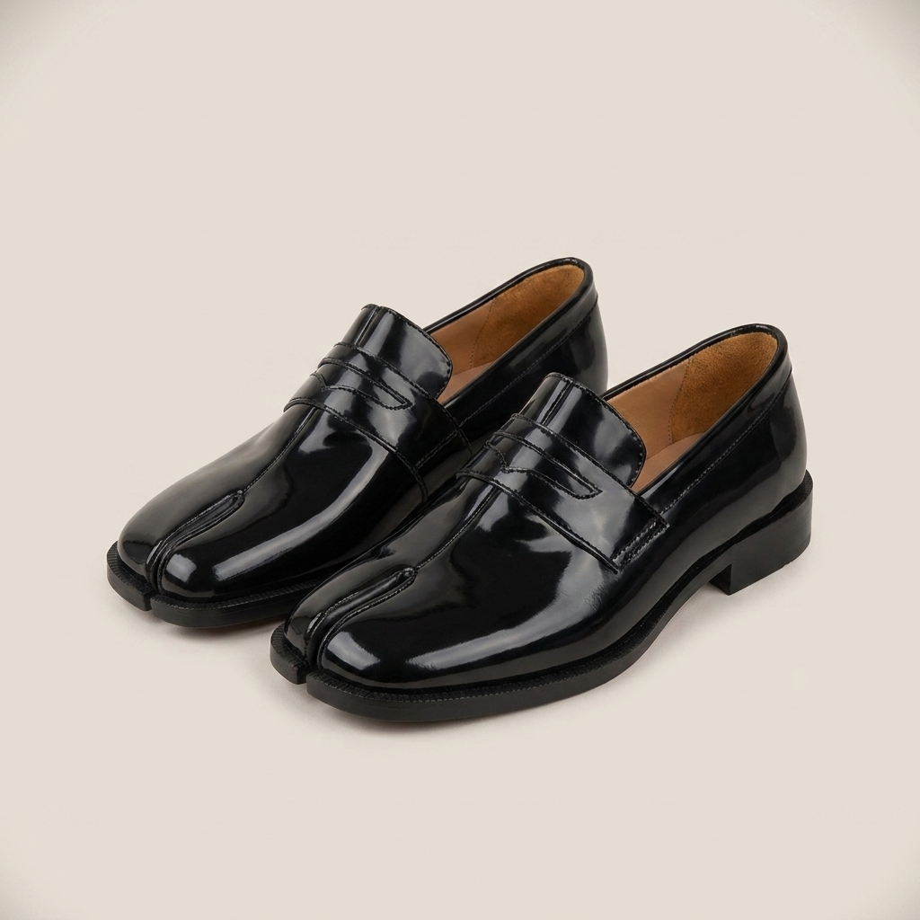 Glossy microfiber square toe low heel slip-on loafer shoes shown front view in black glossy with distinctive split toe design and low heel