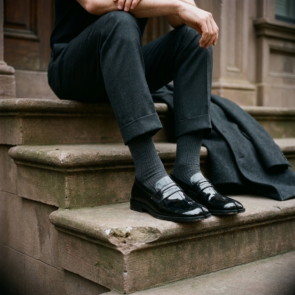 Glossy microfiber square toe low heel slip-on loafer shoes side profile in black glossy with split toe detail worn on stone stoop