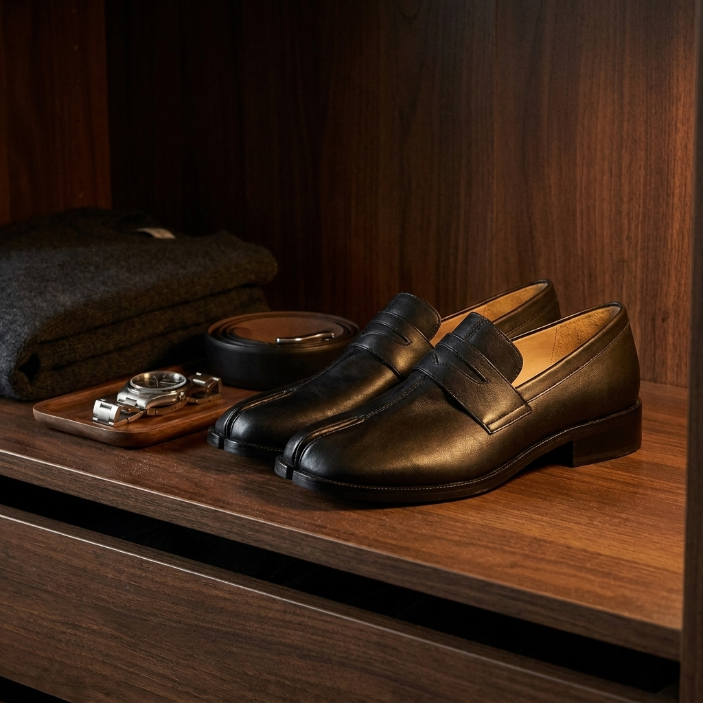 Glossy microfiber square toe low heel slip-on loafer shoes side profile in black glossy with split toe detail placed on walnut valet tray