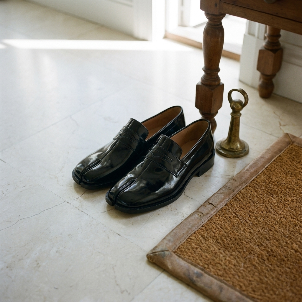 Glossy microfiber square toe low heel slip-on loafer shoes at three-quarter angle in black glossy with split toe design on marble entryway floor