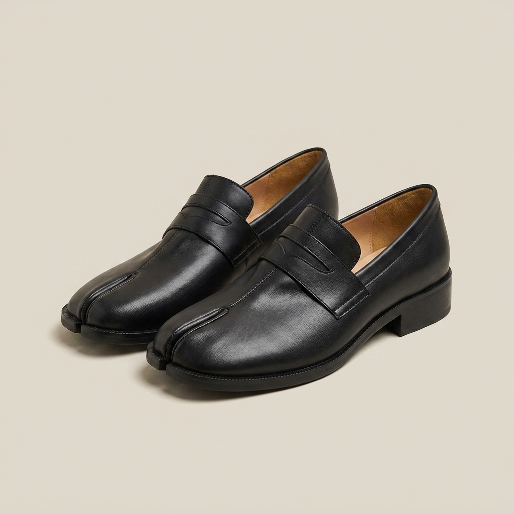 Top-down view of glossy microfiber square toe low heel slip-on loafer shoes in black glossy showing two-wear styling option