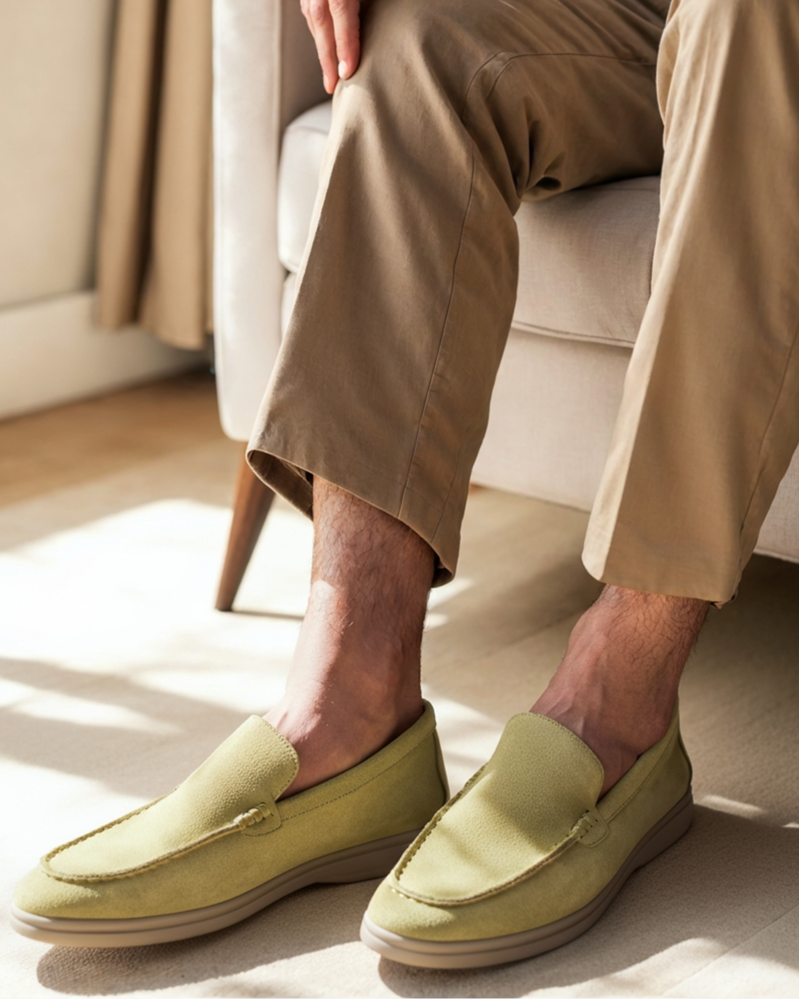 A man's legs, from the knees down, wearing light green suede men's loafers and tan trousers, sitting on a chair with the shoes on a light-colored rug.