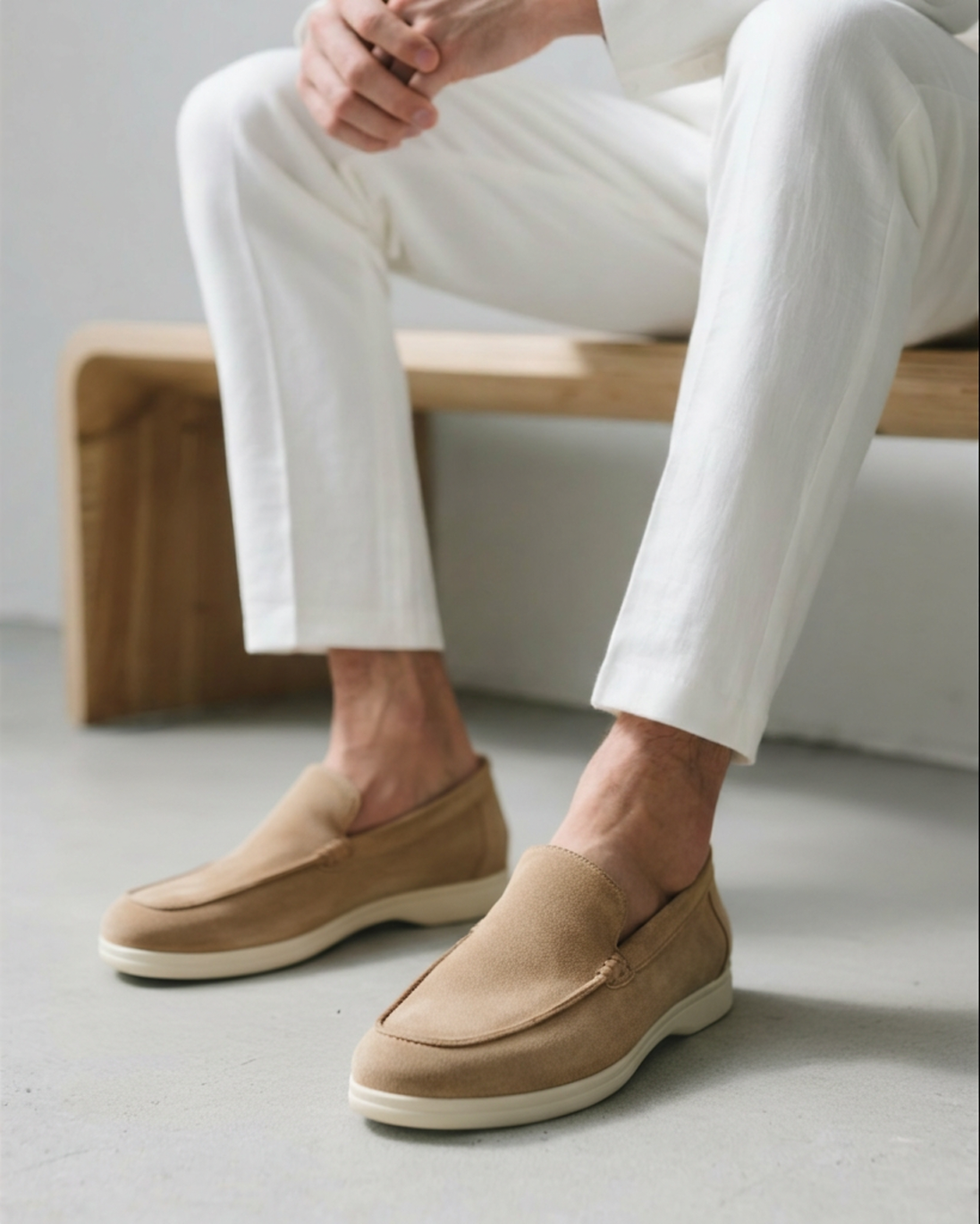 Men's Light Brown Heritage Luxe Suede Loafers with Classic Stitching, worn with white pants while sitting on a wooden bench.