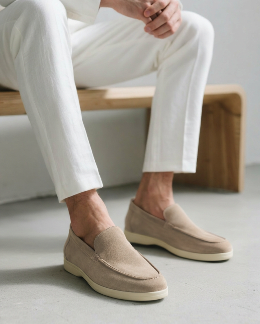 Men's Mocha Heritage Luxe Suede Loafers with Classic Stitching, worn with white pants while sitting on a wooden bench.