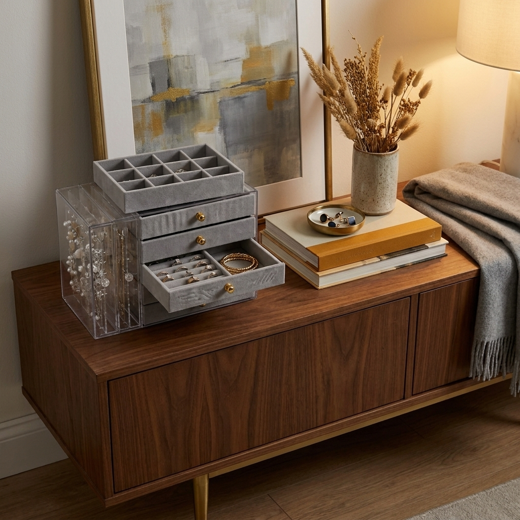 Beige multi-layer jewelry box on entry console near hanging purse showing 5 velvet layers and 2 solid drawers