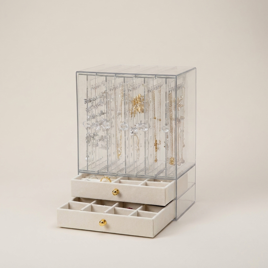Beige hard plastic multi-layer jewelry box side profile with 2 velvet layers and 5 clear transparent drawers