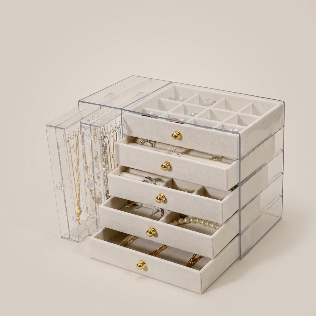 Beige hard plastic multi-layer jewelry box top-down view showing 5 velvet layers and 2 clear transparent drawers