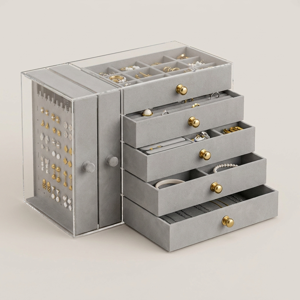 Close-up detail shot of gray hard plastic jewelry box showing 5 velvet layers and 2 solid drawers