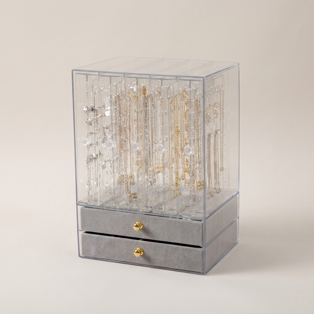 Gray hard plastic multi-layer jewelry box front view showing 2 velvet layers and 5 clear transparent drawers