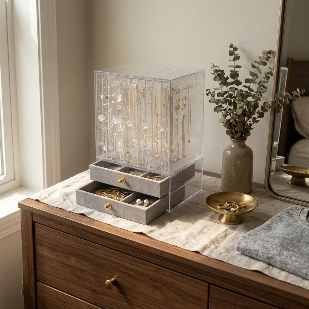 Gray hard plastic jewelry box front view on tabletop showing compact dust-proof multi-layer design