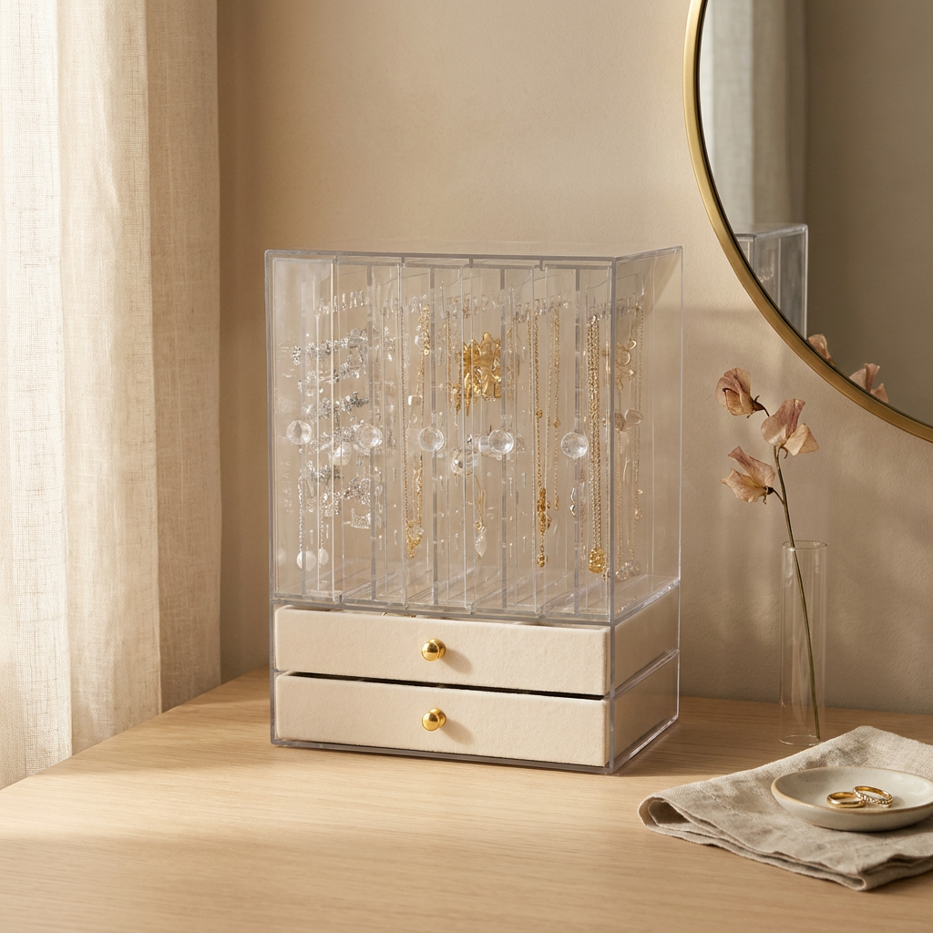 Gray multi-layer jewelry box on bedroom dresser with 2 velvet layers and 5 clear drawers in casual style