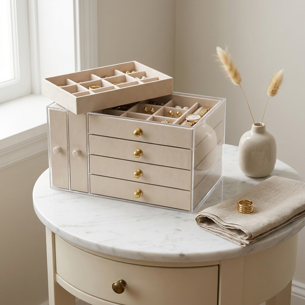 Gray multi-layer jewelry box on living room sideboard with 2 velvet layers and 5 clear transparent drawers