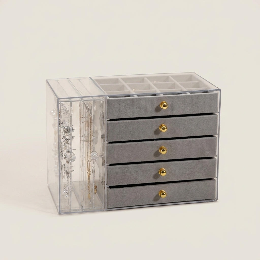 Gray hard plastic multi-layer jewelry box at three-quarter angle with 5 velvet layers and 2 clear transparent drawers