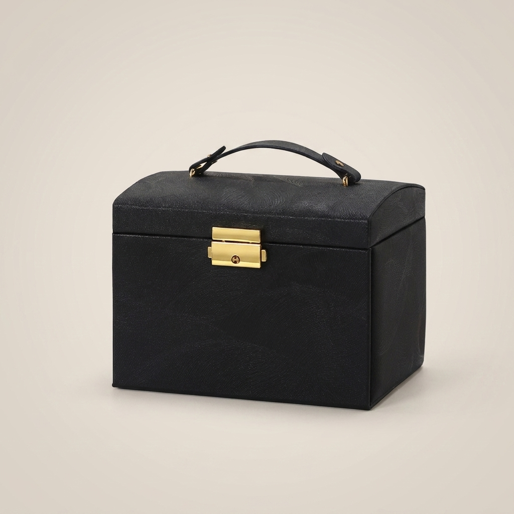 Black hard PU leather compact mirror jewelry box shown front view with matte finish closed in compact size