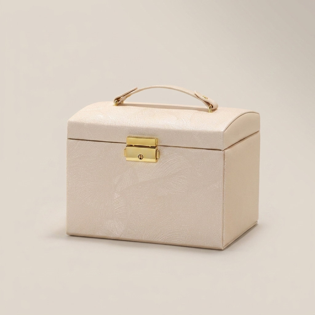 Black hard PU leather compact mirror jewelry box at three-quarter close-up showing textured finish and compartments